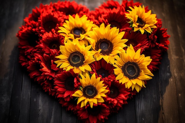 Photo red and yellow sunflowers in a heart shape