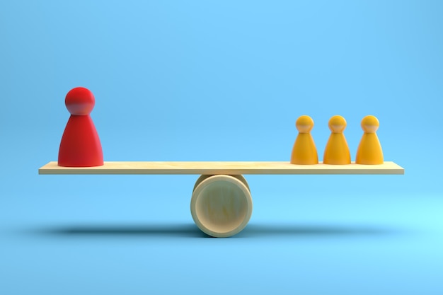 Red and Yellow Team Pawns Figures Balancing on Wooden Seesaw over Blue Background. 3D Rendering