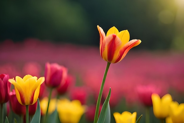 A red and yellow tulip in a field of tulips