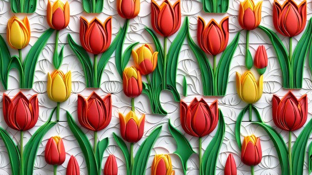 Red and Yellow Tulip Pattern on White Background