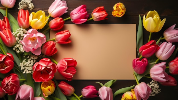 Red and yellow tulips around a beige sheet of paper for your text idea for a mockup