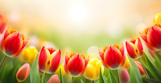 Red and yellow tulips with fresh green leaves in soft lights at blur background Floral banner