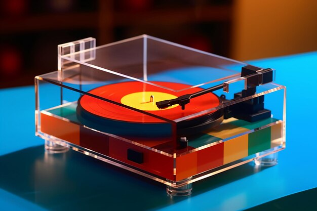 A red and yellow vinyl record player sits on a blue table