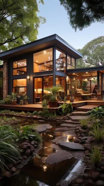 赤いレンガの家で 波紋鉄の屋根と大きな庭園が 生成的なAIで作られました