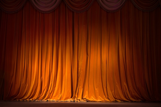 Sipario rosso-marrone sul palco con pavimento in legno e texture di sfondo dietro le quinte del teatro