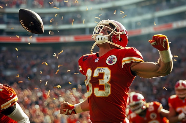 Redclad football star celebrates scoring a touchdown in a packed Superbowl stadium capturing the excitement of the game