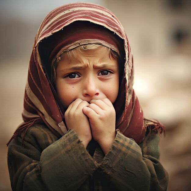 A redclad individual with a sad expression looking at the camera