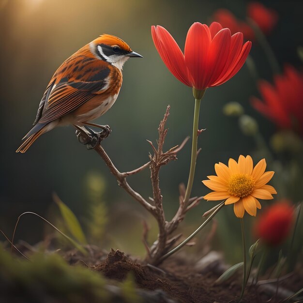 Redcrested sparrow and red flower in the garden generative ai