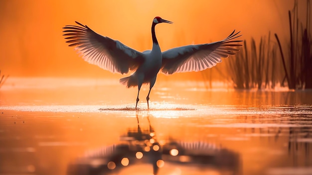 A Redcrowned crane Grus japonensis with wings outstretched on lake