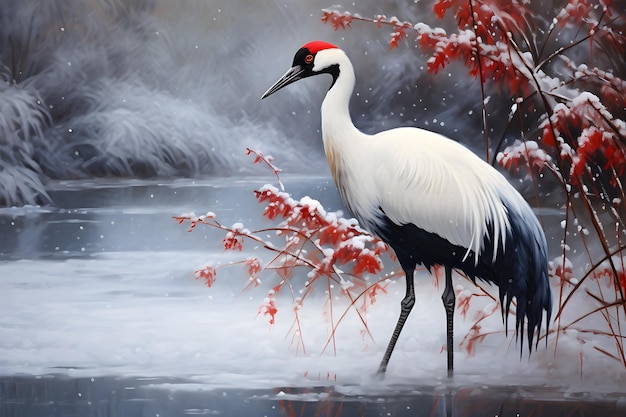 Redcrowned Crane in Snow