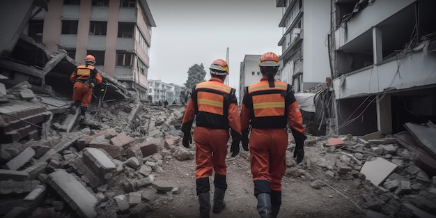 Redder in uniform op zoek naar overlevende in de bouwruïne van de stad na aardbeving