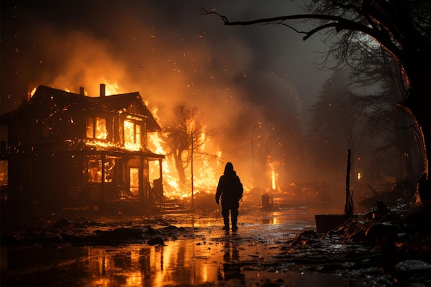 Redder sproeit water tussen verkoolde ruïnes om de overblijfselen van een verwoestende woningbrand te blussen