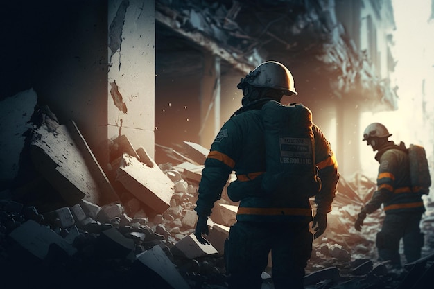 Redders in uniform en helmen ontmantelen het puin van huizen na de aardbeving de verwoeste stad en gebouwen met meerdere verdiepingen ramp de gevolgen van een sterke aardbeving Generatieve AI