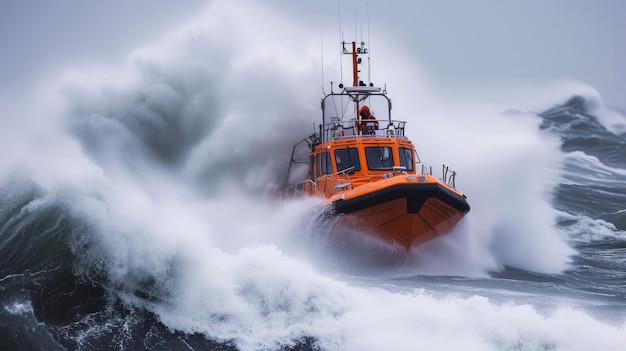 Foto reddingsactie op een gedurfde oranje boot in de woedende zee