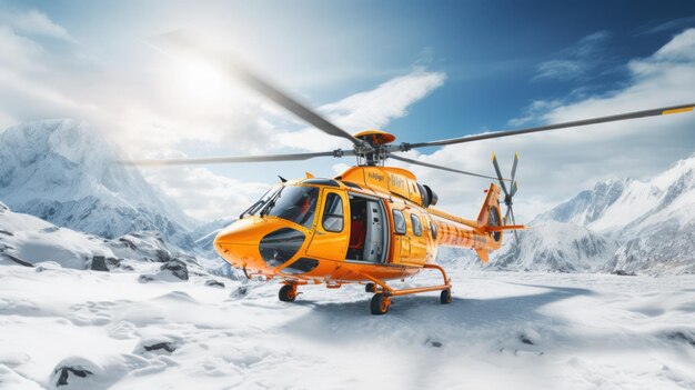 Reddingshelikopter landt op sneeuwbergen