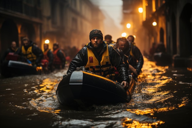 Reddingsteams bij jongens redden slachtoffers van overstromingen generatieve IA