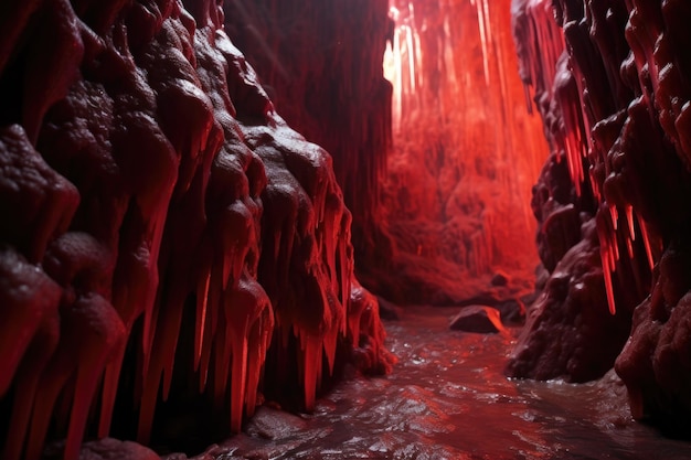 Photo reddish crystals glowing on cave walls