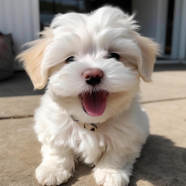 A reddish white maltese puppy with her tongue out