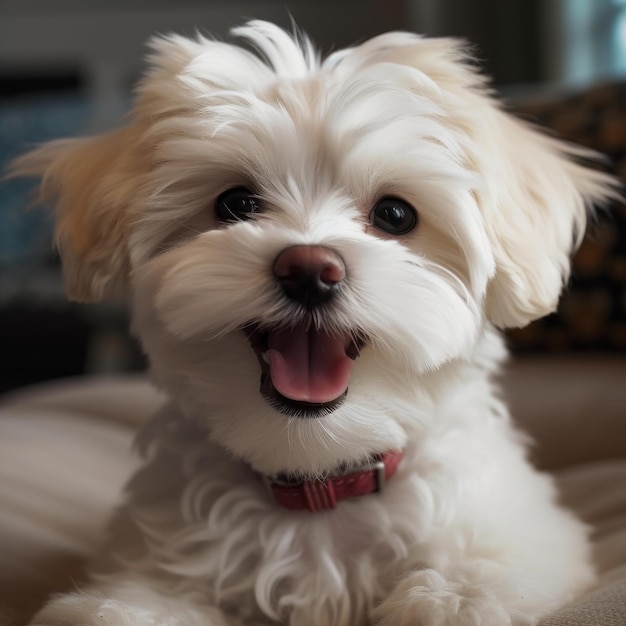 A reddish white maltese puppy with her tongue out