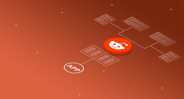 Photo reddit application icon on the system with program code elements 3d