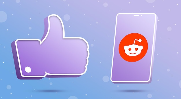 Reddit logo on smartphone with thumbs up like icon 3d