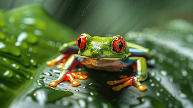 Photo redeyed amazon tree frog captured on camera under a palm generative ai