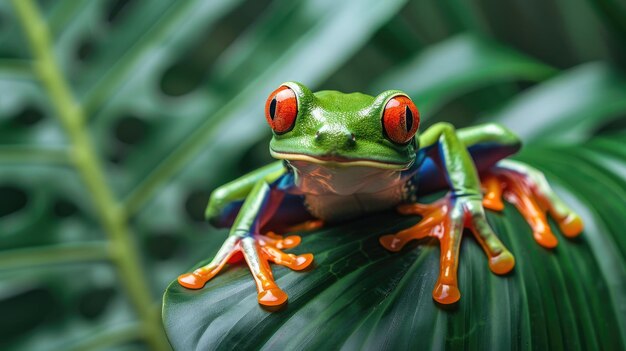 パームの下でカメラに撮影された赤眼のアマゾンツリーフロッグ