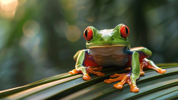 Photo redeyed amazon tree frog captured on camera under a palm generative ai
