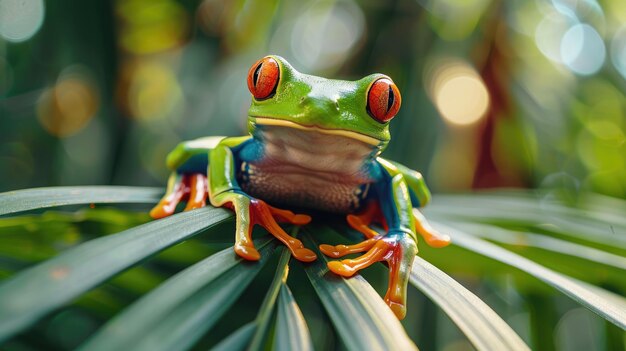 Photo redeyed amazon tree frog captured on camera under a palm generative ai