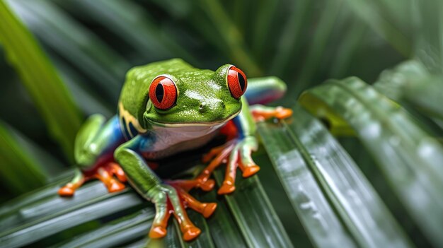 RedEyed Amazon Tree Frog gevangen op camera onder een palm Generative Ai