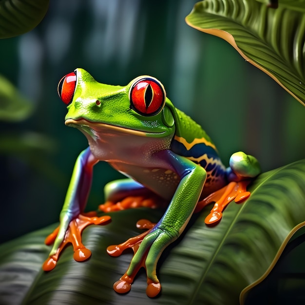 RedEyed Amazon Tree Frog on Large Palm Leaf ai generated