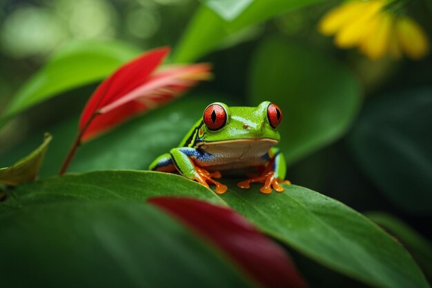 Redeyed tree frog agalychnis callidryas on green leaf