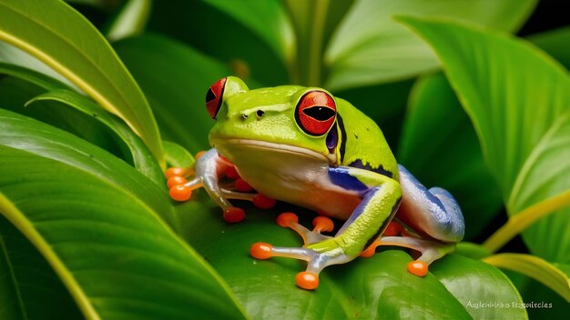 Photo redeyed tree frog hidding on green leaves redeyed tree frog agalychnis callidryas closeup on green