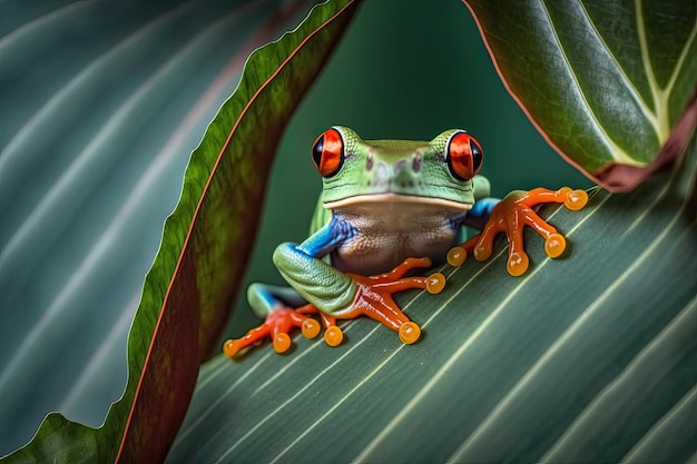 Redeyed Tree Frog perched on a green leaf Generative AI