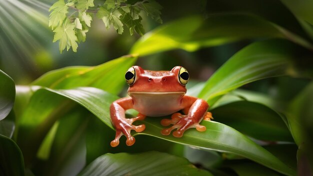 Redeyed tree frog sitting on green leaves