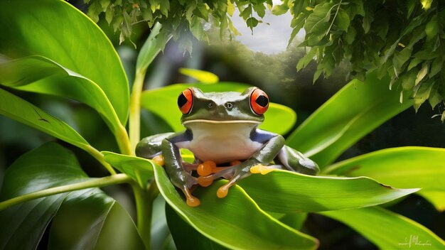 Redeyed tree frog sitting on green leaves