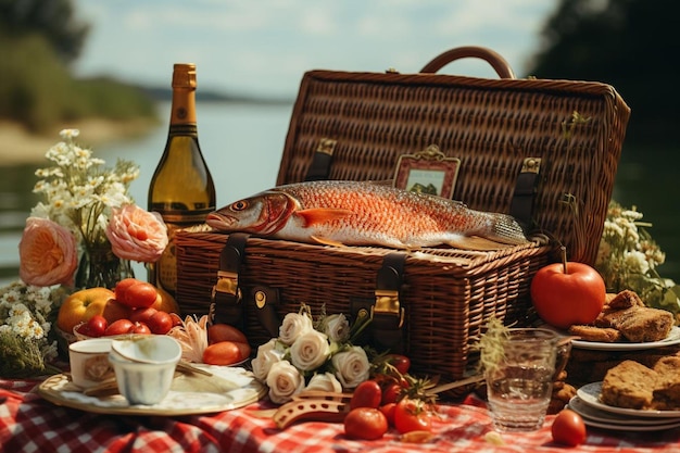 Пикник с красной рыбой с винтажной корзиной для пикника высококачественная фотография красной рыбы