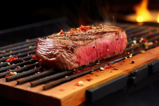 Photo redflamed shot of a steak on a grilling board