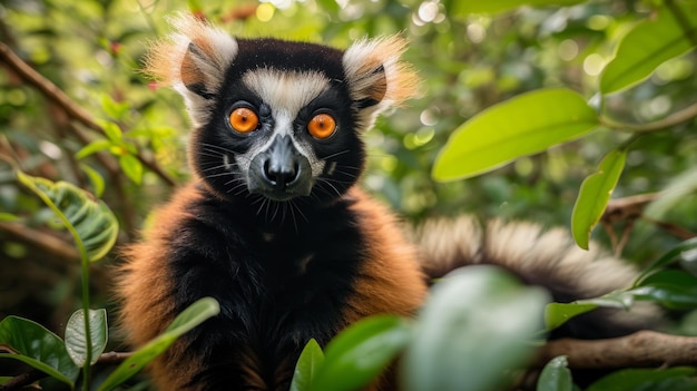 A redfronted lemur staring at the camera with a curious expression on its face