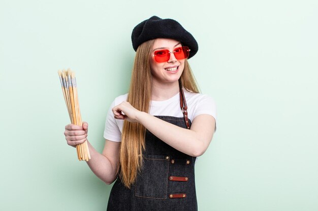 Redhair woman feeling happy and facing a challenge or celebrating. artist concept