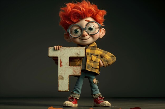 A redhaired cartoon with the letter F