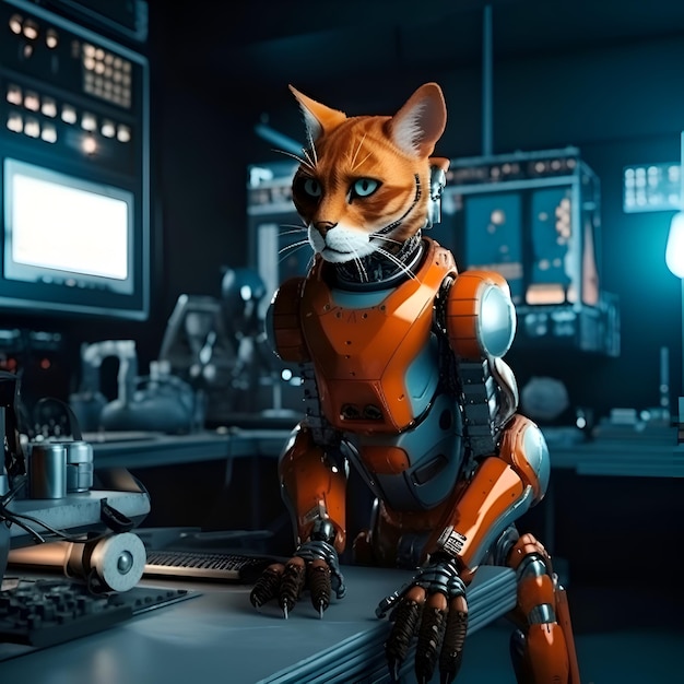 A redhaired cat in an orange robot suit sits on the table in the office