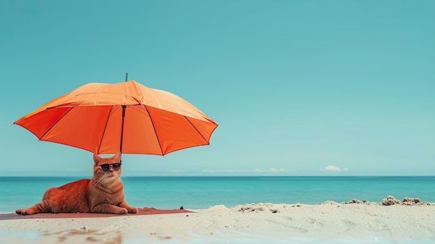 A redhaired cat under an orange umbrella on the beach