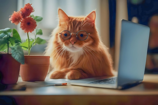 A redhaired cat with glasses is working at a desk on a computer indoors