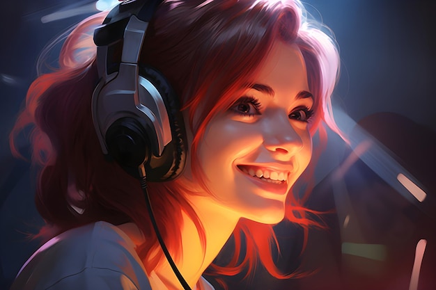 Redhaired girl playing video games and smiling