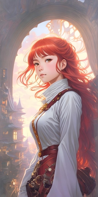 redhaired girl wearing a white dress against an ancient city in the background