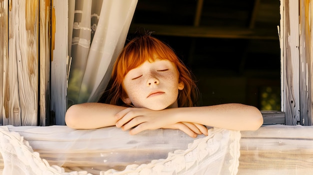 A redhaired girl at a window with her eyes closed leaning on her arms