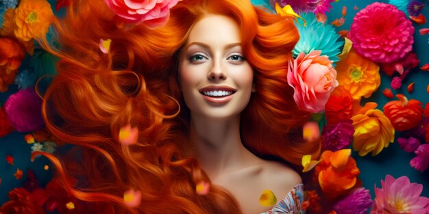 Redhaired girl with gorgeous voluminous long dense hair on flowers background hair dye hairstyle