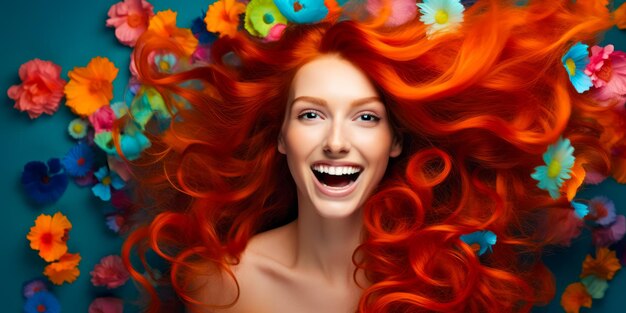 Photo redhaired girl with gorgeous voluminous long dense hair on flowers background hair dye hairstyle