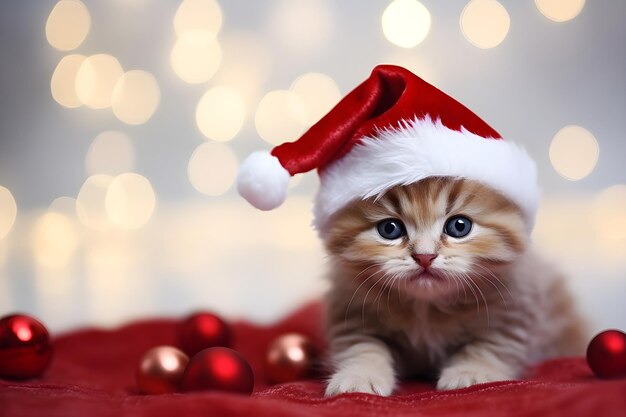 Redhaired kitten in a christmas hat on a white festive background